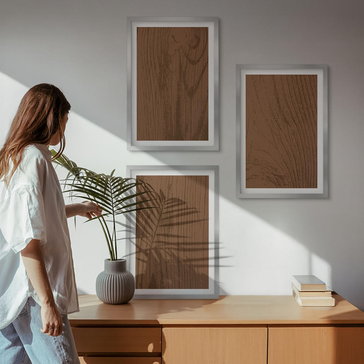 BILDER SET 3er Set - 40x60 cm Silberner Rahmen - Holzstruktur, Rinde, Minimalismus - Silberfarben, Kunststoff (40/60cm) - TULUP