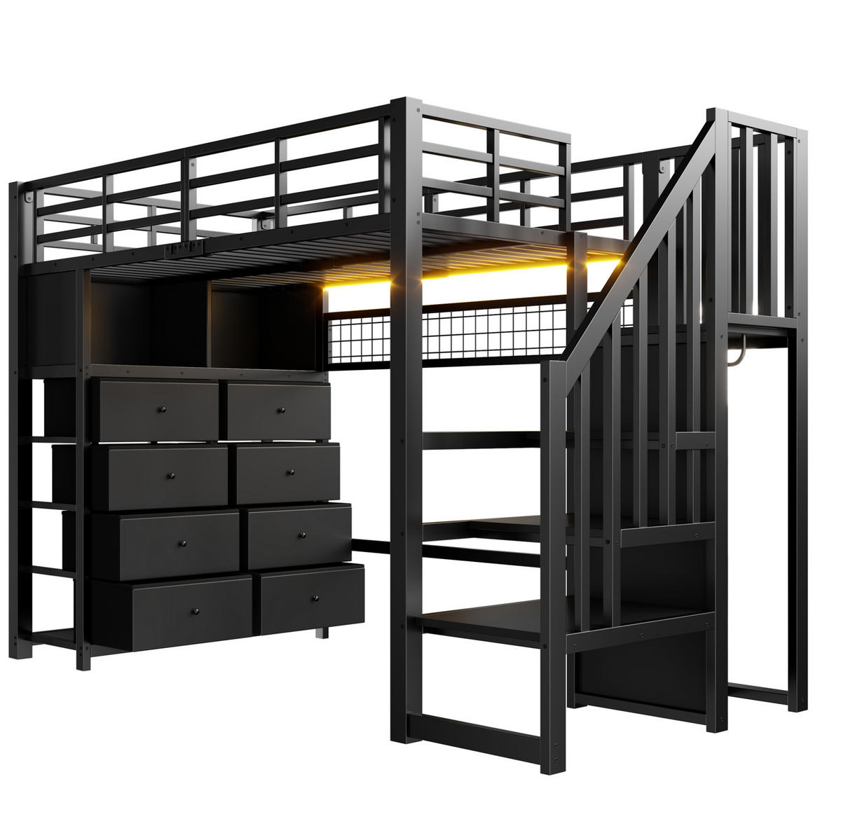 HOCHBETT aus Metall und MDF 90x200 cm Schwarz mit 8 Schubladen, Stauraumtreppe und LED-Beleuchtung - Schwarz, Holzwerkstoff (90/200cm) - IVMEU