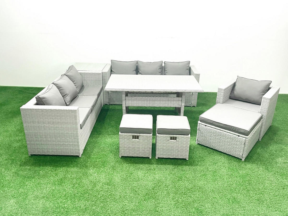 GARTENMÖBEL SET mit 3-Sitzer-Sofa und Sessel, Esstisch,3 Hockern,Beistelltisch Polyrattan Hellgrau 10-Sitzer - Hellgrau/Grau, Glas/Kunststoff - Fimous