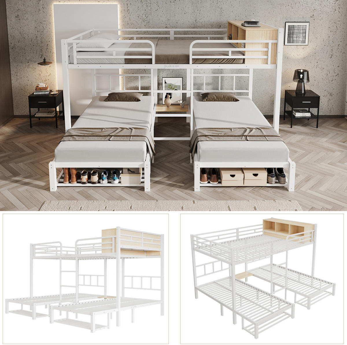 ETAGENBETT aus Metall und Holz 140x200/90x200 cm Weiß/Natur mit offenem Regal und Schuhablage - Weiß, Metall (140/200cm) - Modfu