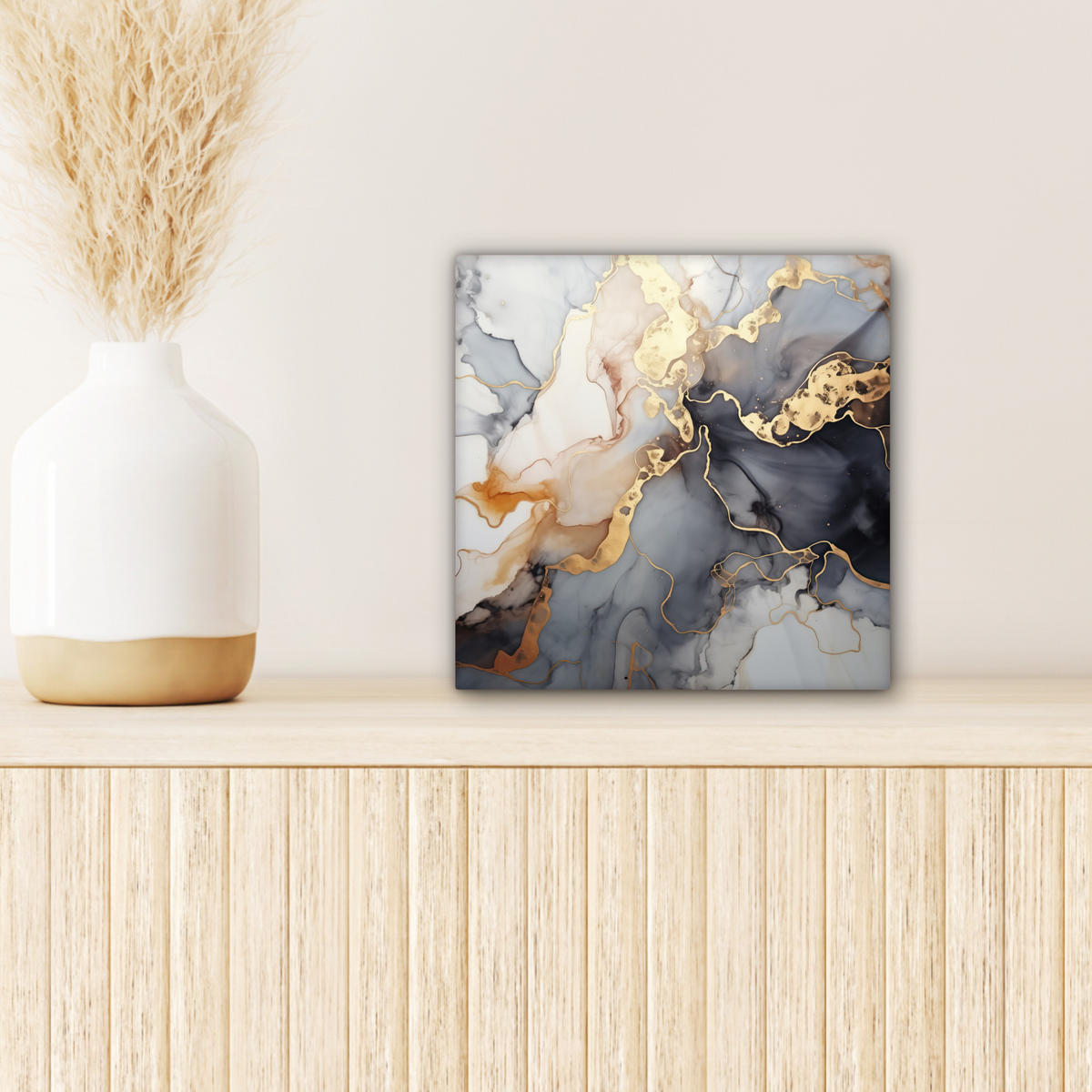 LEINWANDBILD Marmor - Schwarz - Gold - Weiß Deko Wohnzimmer 20x20 cm - Dunkelgrau, Textil (20/20cm) - MuchoWow