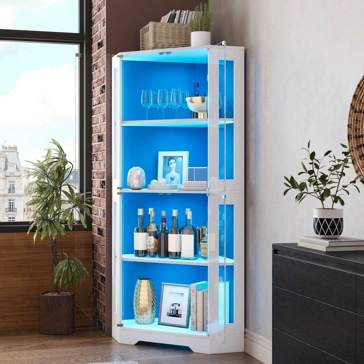 GESCHIRRSCHRANK 165 cm MDF Weiß mit RGB-LED, Glastüren und Weinregal - Weiß, Holzwerkstoff (40/165/40cm) - Korfee