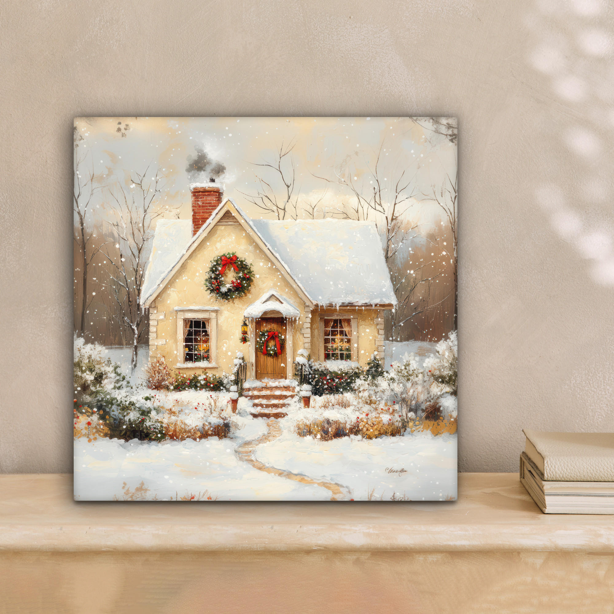 LEINWANDBILD Weihnachten - Zuhause - Winter - Schnee 20x20 cm - Creme, Textil (20/20cm) - MuchoWow