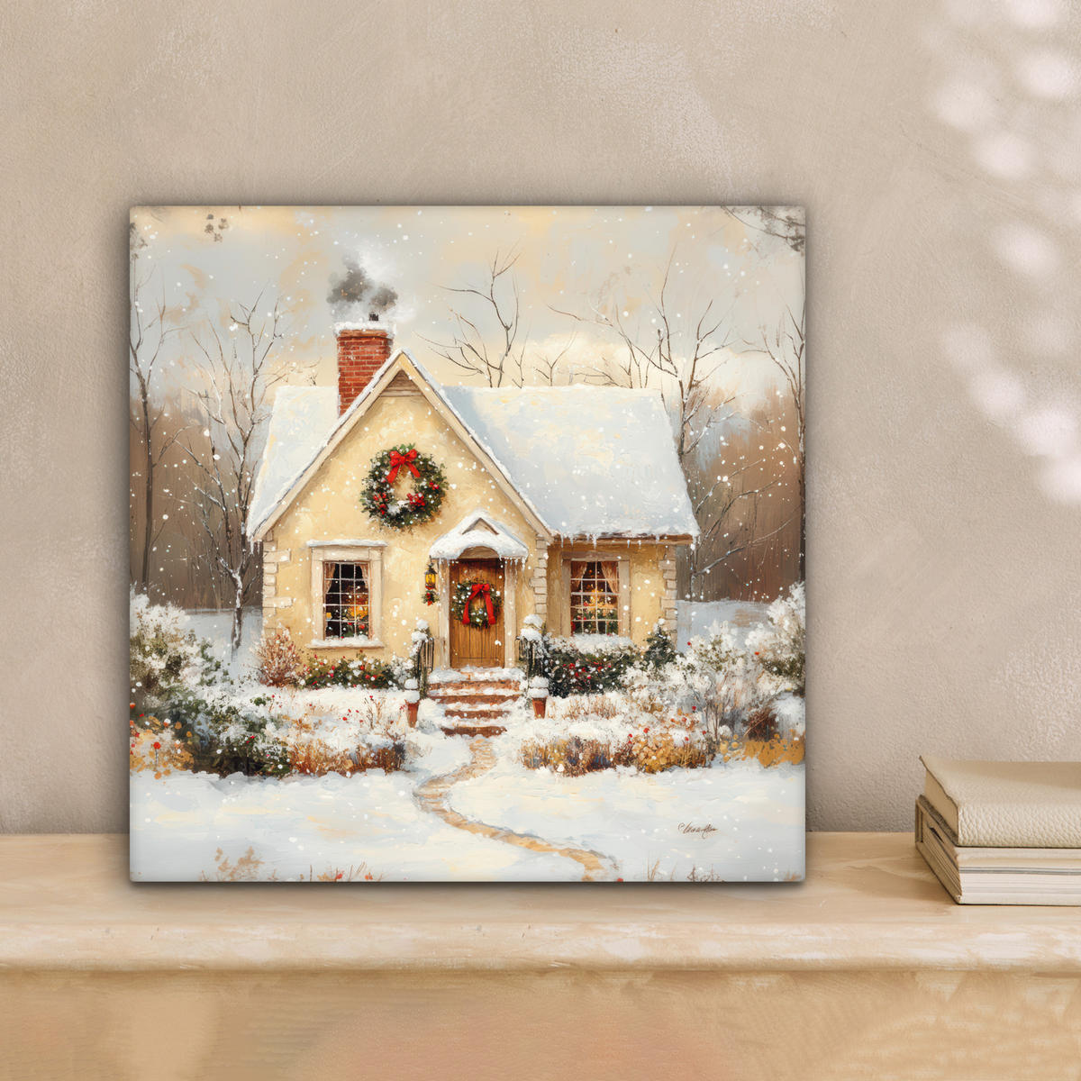 LEINWANDBILD Weihnachten - Zuhause - Winter - Schnee 20x20 cm - Creme, Textil (20/20cm) - MuchoWow