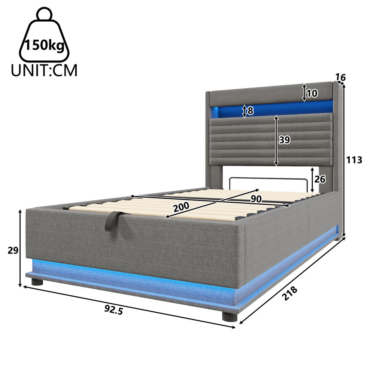 POLSTERBETT 90/200 cm aus Leinen mit LED-Beleuchtung und USB-Typ-C-Ladefunktion Grau - Flieder, Textil (90/190cm) - Modenvie
