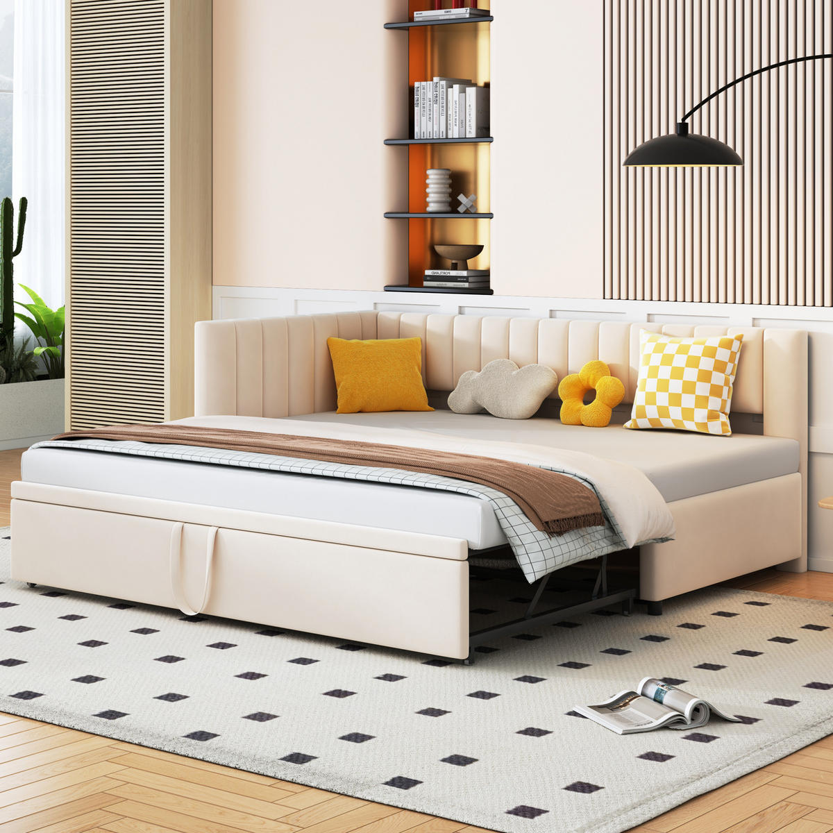 RAZTEGLJIV kavč iz žameta 90x200 cm bež z izvlečno posteljo, oblazinjen naslon za otroke in goste - bež, tekstil (90/200cm) - Modfu