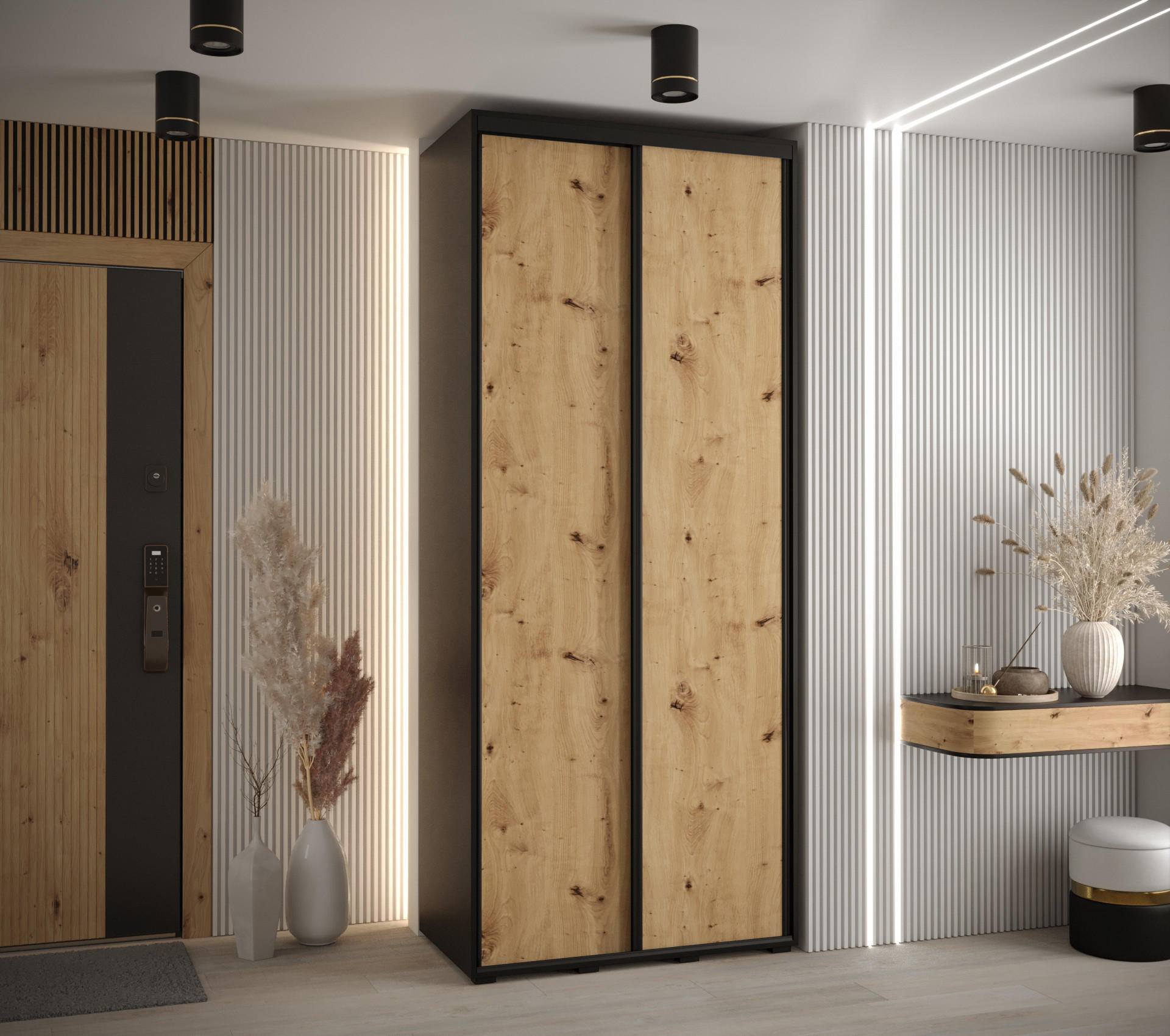 SCHWEBETÜRENSCHRANK 235,2/110/45 2-türig - Schwarz/Eiche Artisan, Holz/Metall (110/235/45cm) - Abiks Möbel