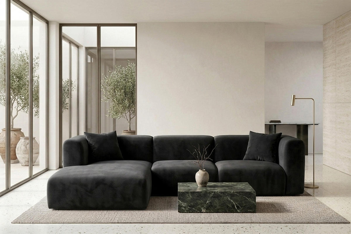 ECKSOFA L-Form, Velvet-Stoff Bluvel, Schwarz, Links, GRETA - Schwarz, Holz (318/179cm) - Kaiser Möbel