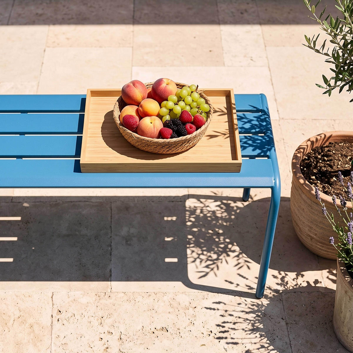 GARTENBANK, Pazifikblau - Blau, Metall (52/46/120cm) - Oviala