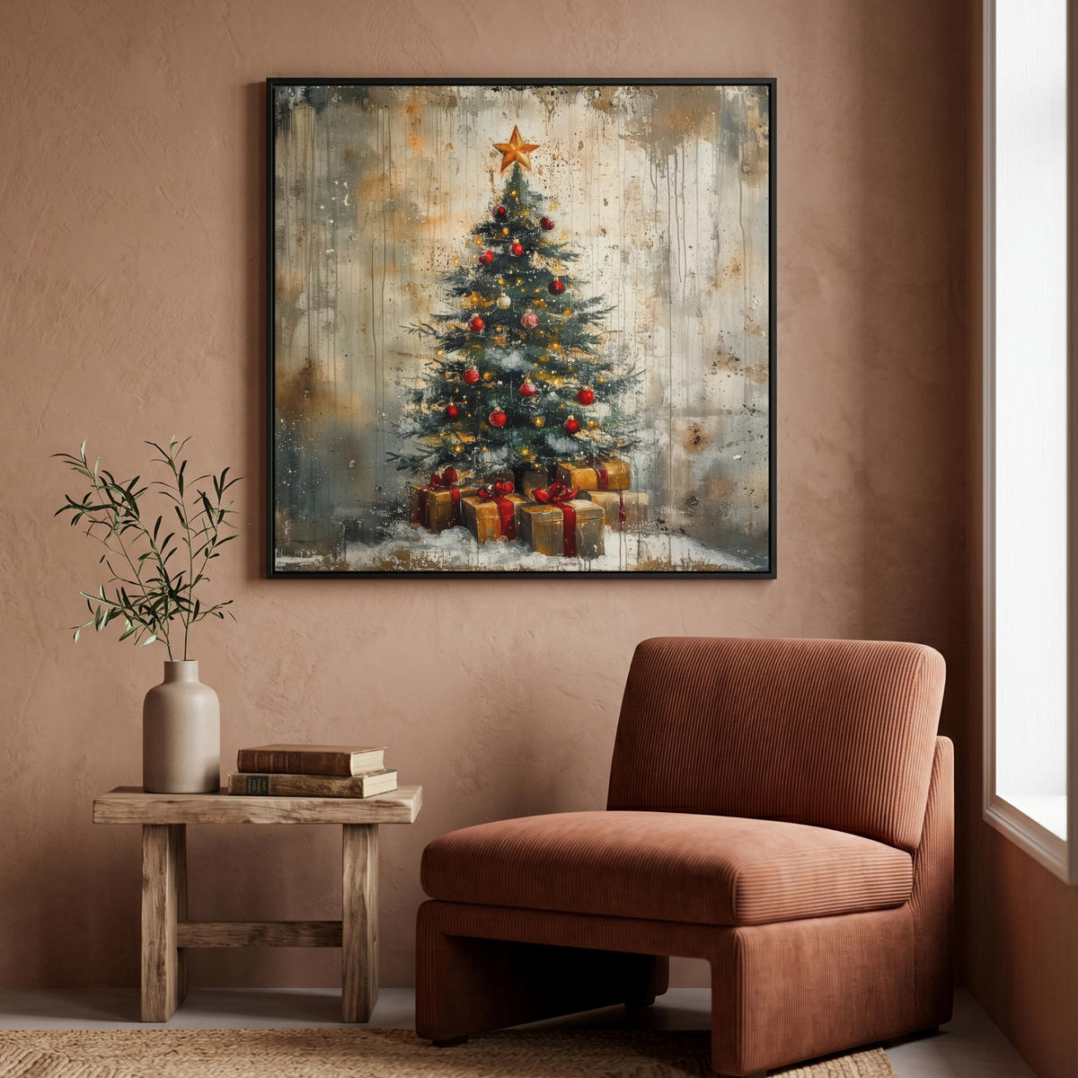 LEINWAND Bilder mit Rahmen - Weihnachtsbaum - Vintage - Weihnachten - Geschenk - 90x90 - Rostfarben, Textil (90/90cm) - MuchoWow