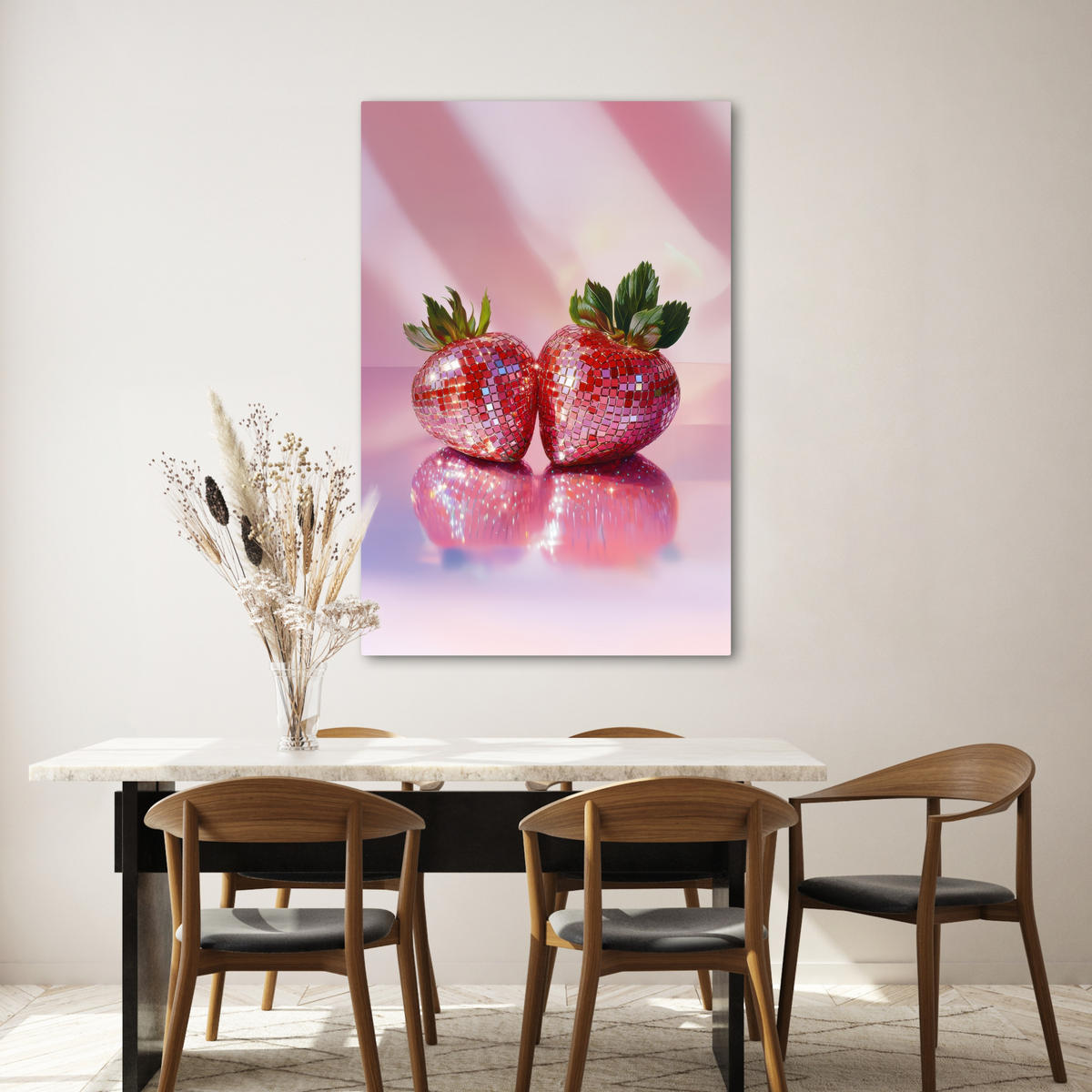 LEINWANDBILD Disco - Obst - Glitzer - Erdbeere 80x120 cm - Pink, Textil (80/120cm) - MuchoWow