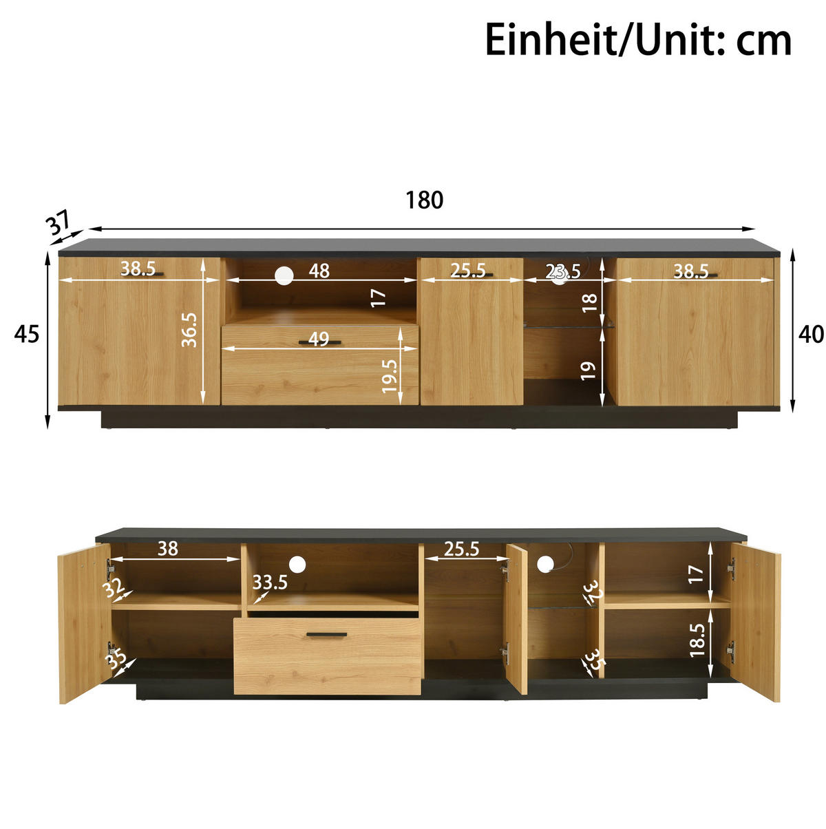 TV stolek 180/37/45 cm černá a dekor dřeva z MDF s LED osvětlením - černá, kompozitní dřevo (180/45/37cm) - OKWISH