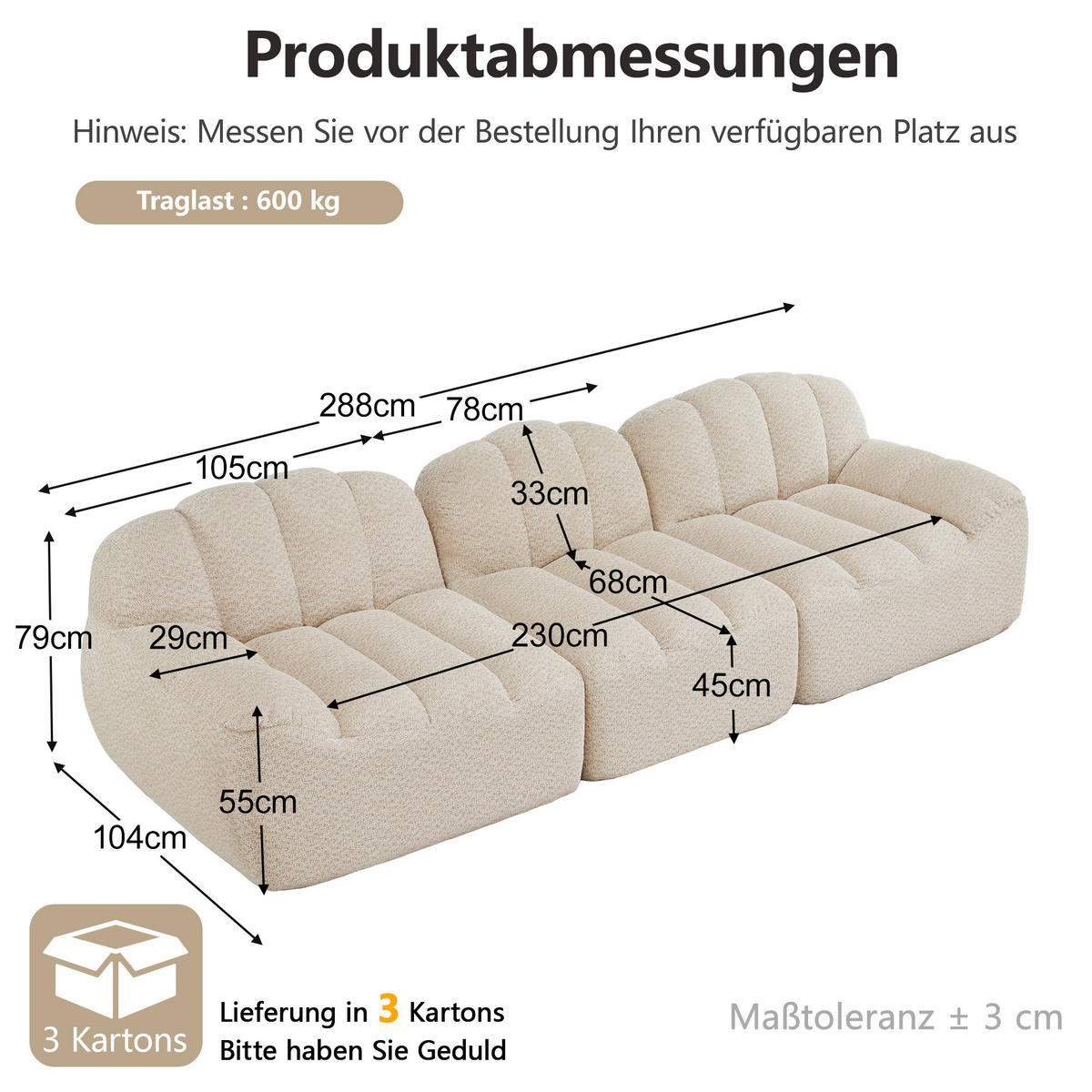3-SITZER-SOFA DE-34312 mit Tiefsitz Beige - Beige, Textil (104/79/288cm) - ComfortXL