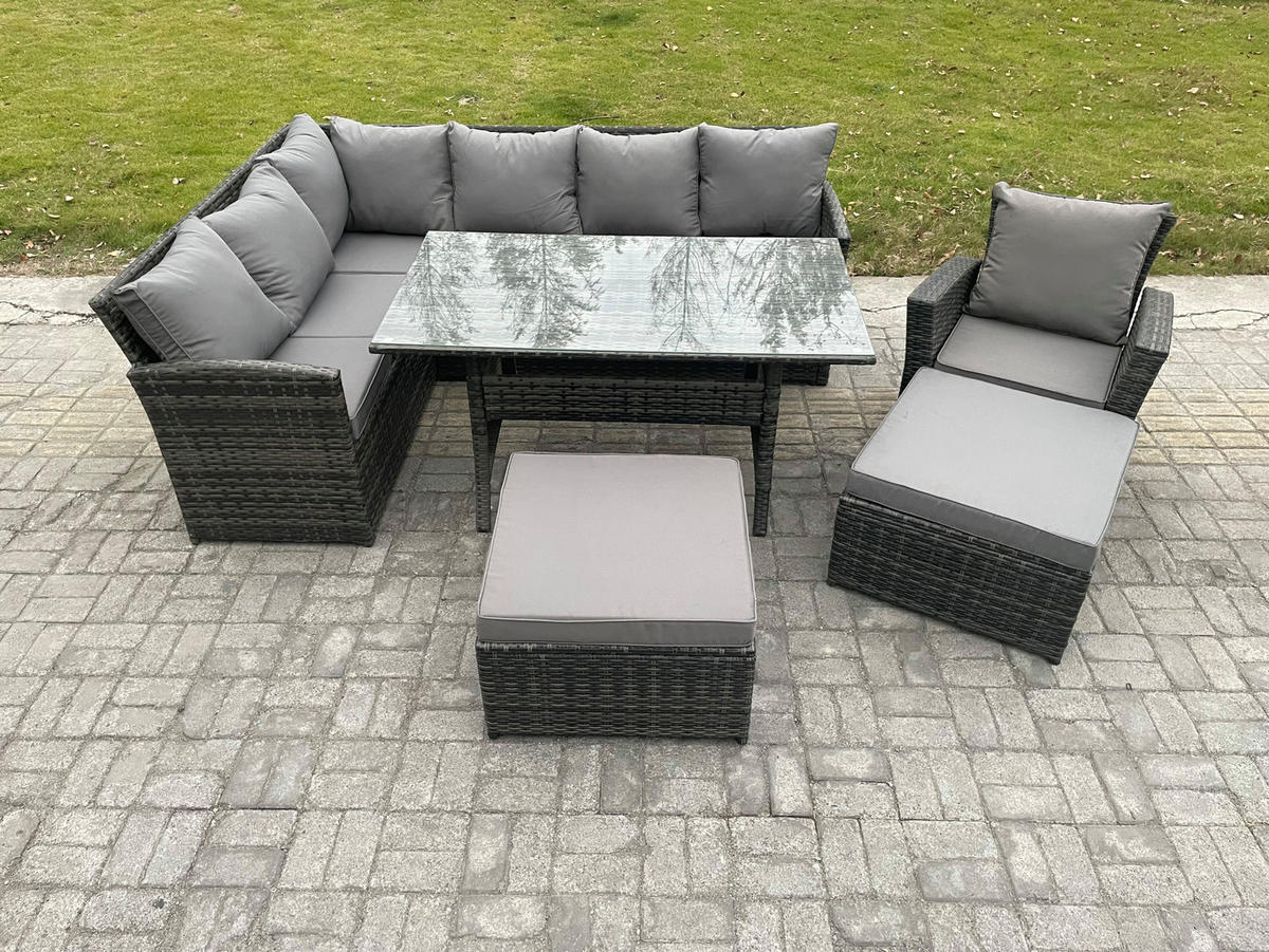 SITZGRUPPE mit Esstisch,2 Fußhocker,Stuhl Polyrattan Dunkelgrau 9-Sitzer - Dunkelgrau/Grau, Glas/Kunststoff - Fimous