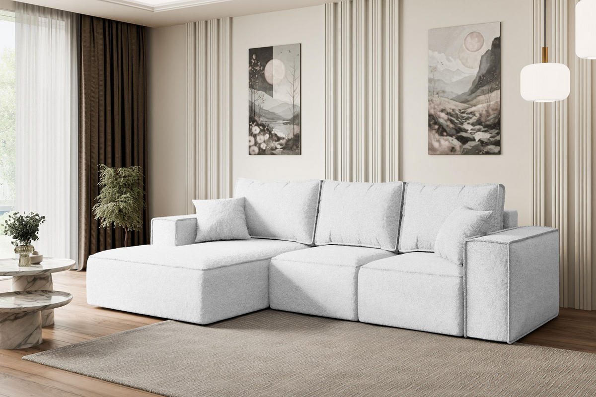 ECKSOFA mit Schlaffunktion und Bettkasten SERRA-L-S - 266x161x87 cm Weiß Bouclé - Schwarz/Weiß, Holzwerkstoff/Kunststoff (266/161cm) - ALTDECOR