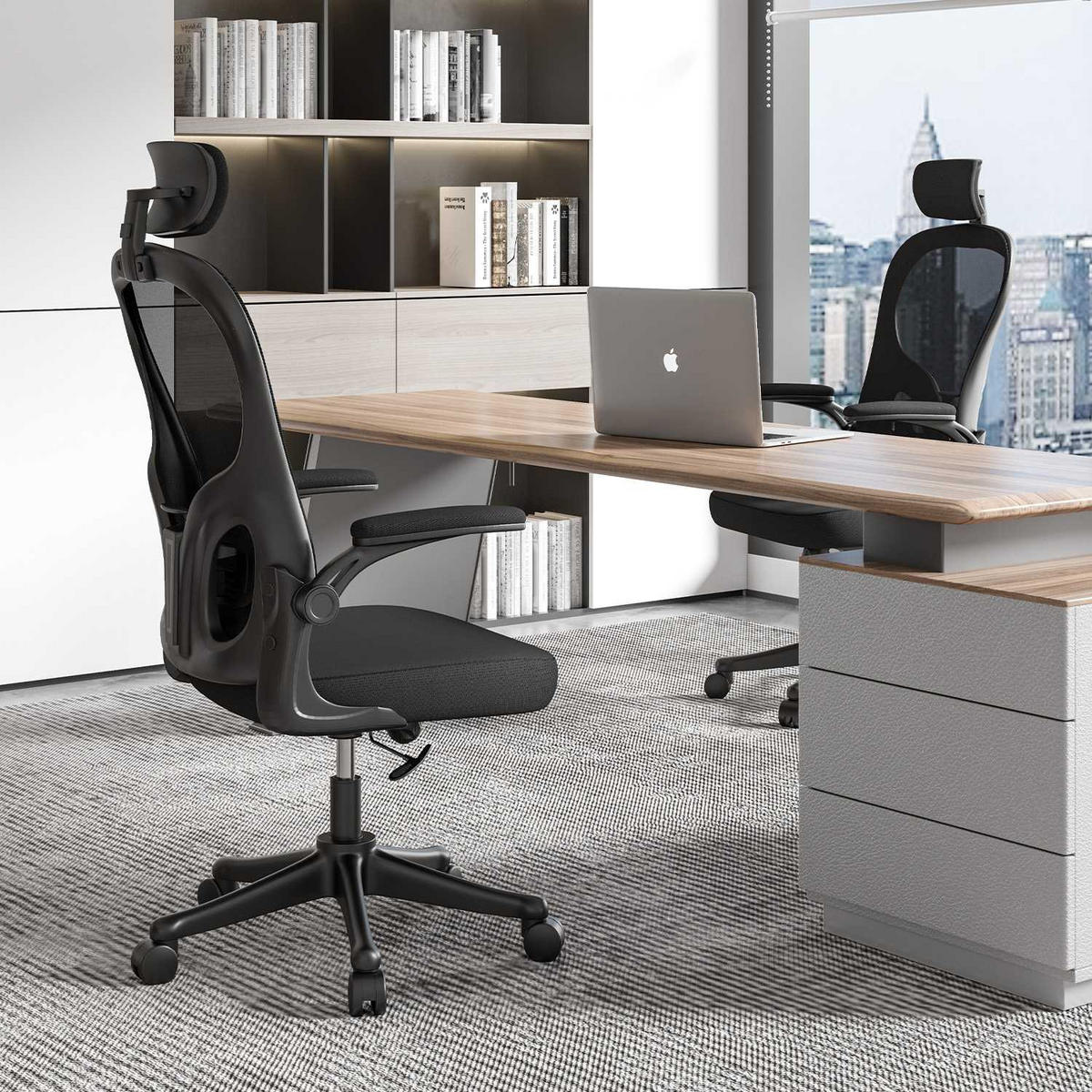 BÜROSTUHL ergonomisch, höhenverstellbar, klappbare Armlehnen, Kopfstütze – Schwarz - Schwarz, Metall (50.5/134/52cm) - Rattantree