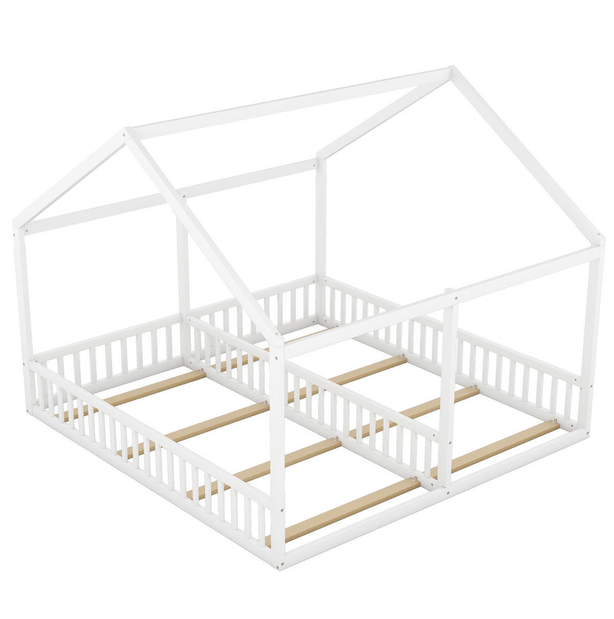 POSTELJA v obliki hiše 90/200 cm bela 2 v 1 z zaščitno ograjo iz bora in MDF - bela, les (90/200cm) - OKWISH