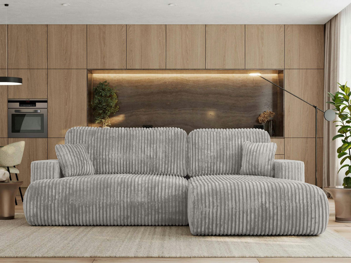 ECKSOFA OVO L Hellgrau Cord - Rechts Seite - Hellgrau/Schwarz, Kunststoff/Textil (195/271cm) - MKS
