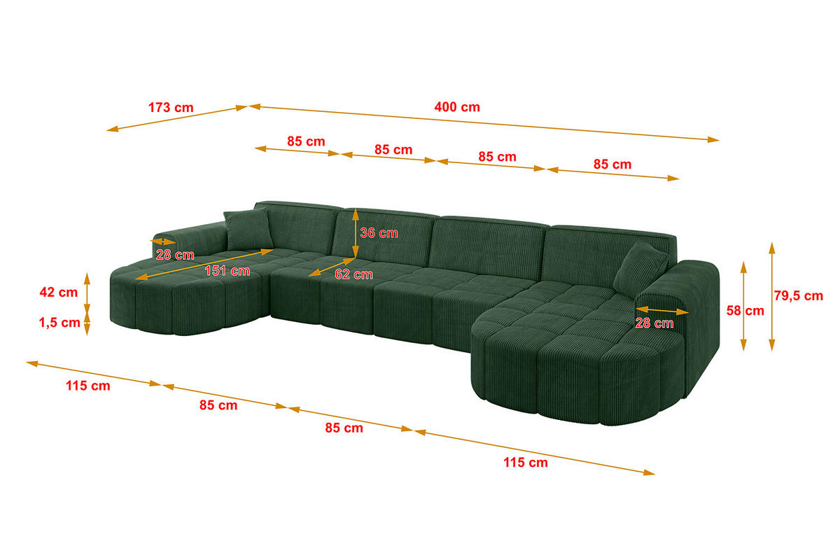 WOHNLANDSCHAFT LIVO-U2 - 400x173x79,5 cm Grün - Grün, Holzwerkstoff/Textil (400/79/173cm) - ALTDECOR