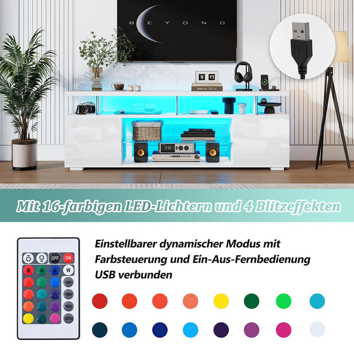 TV-STÄNDER mit LED-Beleuchtung in Reinweiß - Weiß, Holz (40/53/150cm) - KOMHTOM