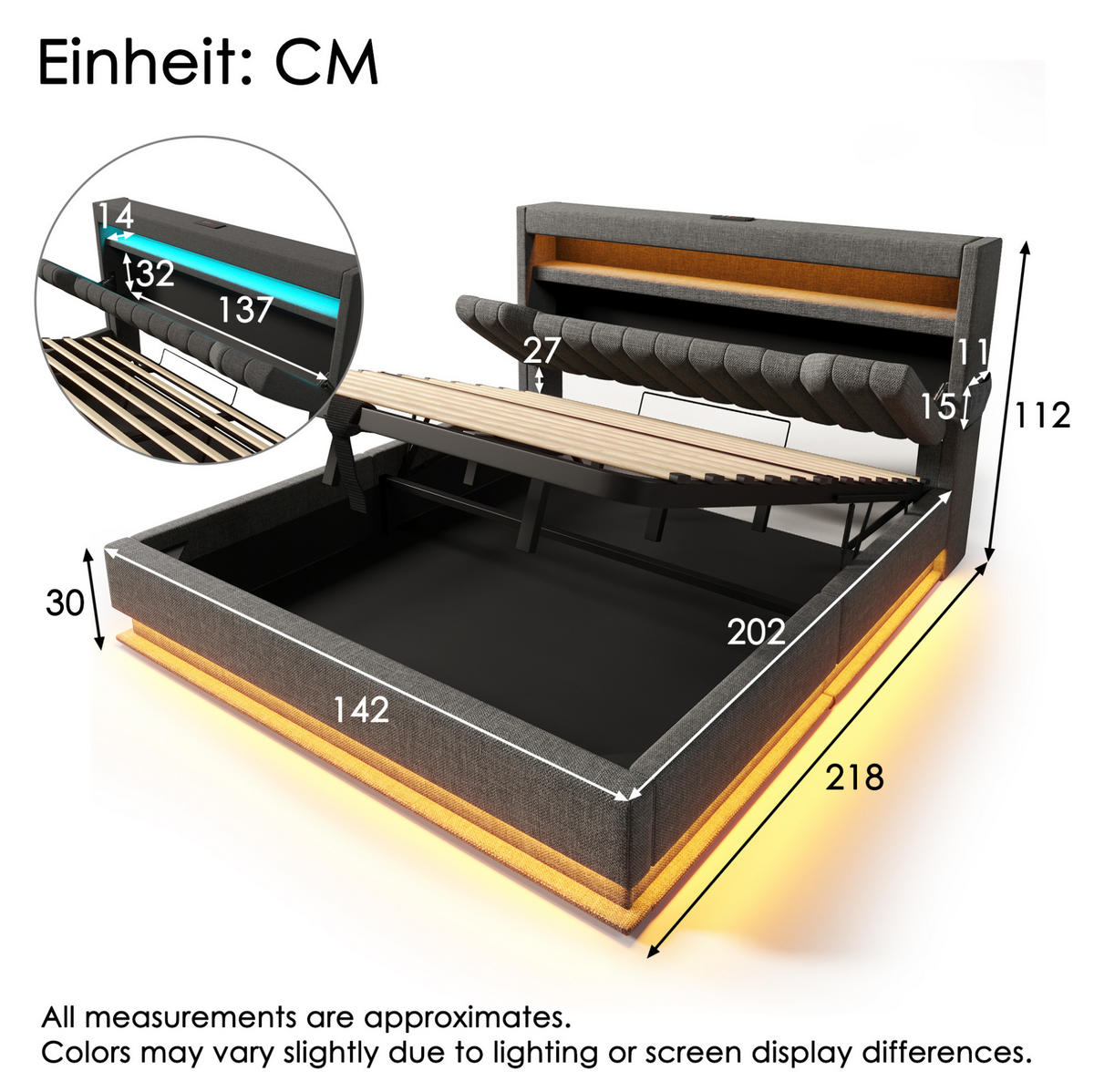 POLSTERBETT 140/200 cm mit LED, USB, Matratze, Type-C, Stauraum-Kopfteil und hydraulischem Bettkasten, Leinen, Grau - Grau, Textil (140/200cm) - Redom