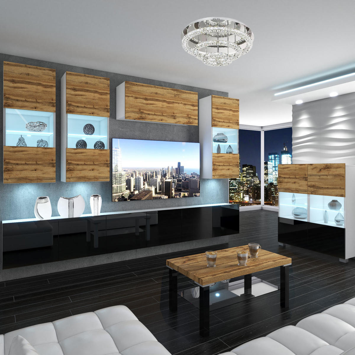 WOHNZIMMERWAND Schrankwand mit LED Wotan Eiche / Schwarz - Eiche Wotan/Schwarz, Holz (300/180/36cm) - B BELINI GROUP