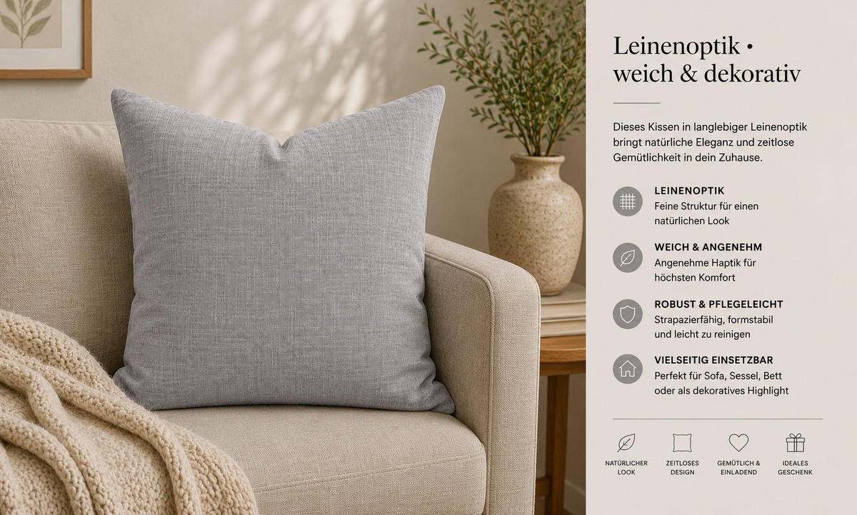 KISSENBEZUG Leinenoptik 50/50 cm Silber - Silberfarben, Textil (50/50cm) - TiborTex