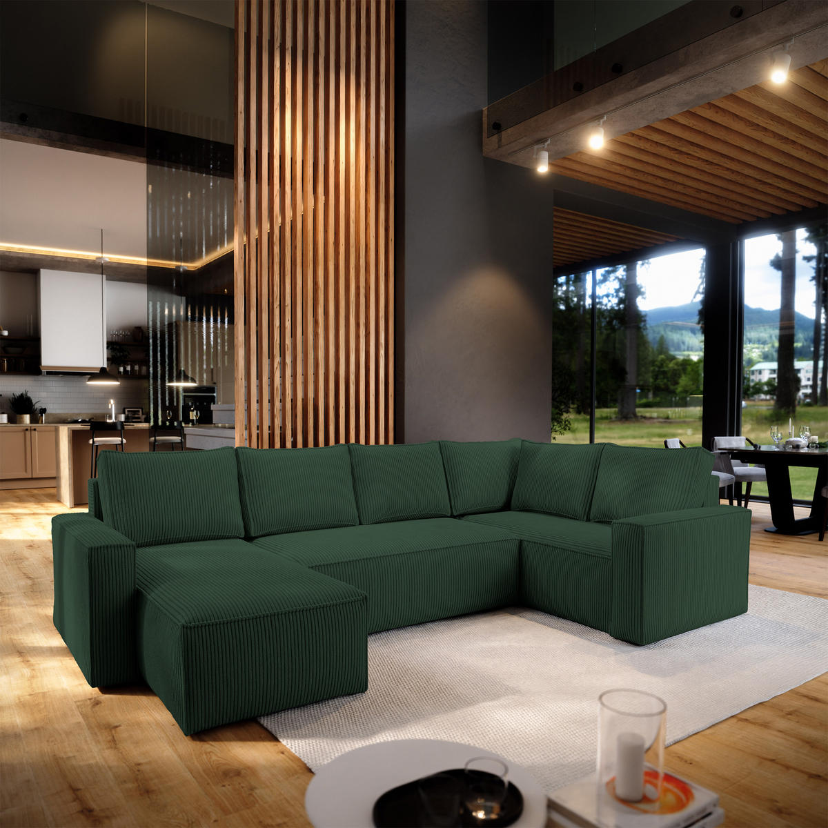 WOHNLANDSCHAFT NORENA R-S Grün Kordstoff mit Schlaffunktion - Grün, Holz (295/85/157.5cm) - MASSENO