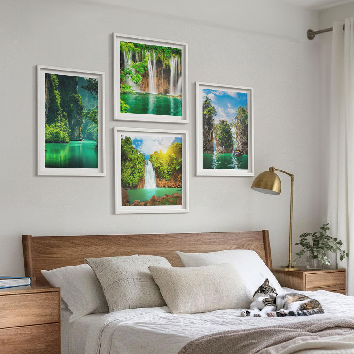 BILDER SET 4er Set - 50x50 cm & 40x60 cm Weißer Rahmen - Grüne Landschaften, Wasserfälle - Weiß, Kunststoff (50/50cm) - TULUP