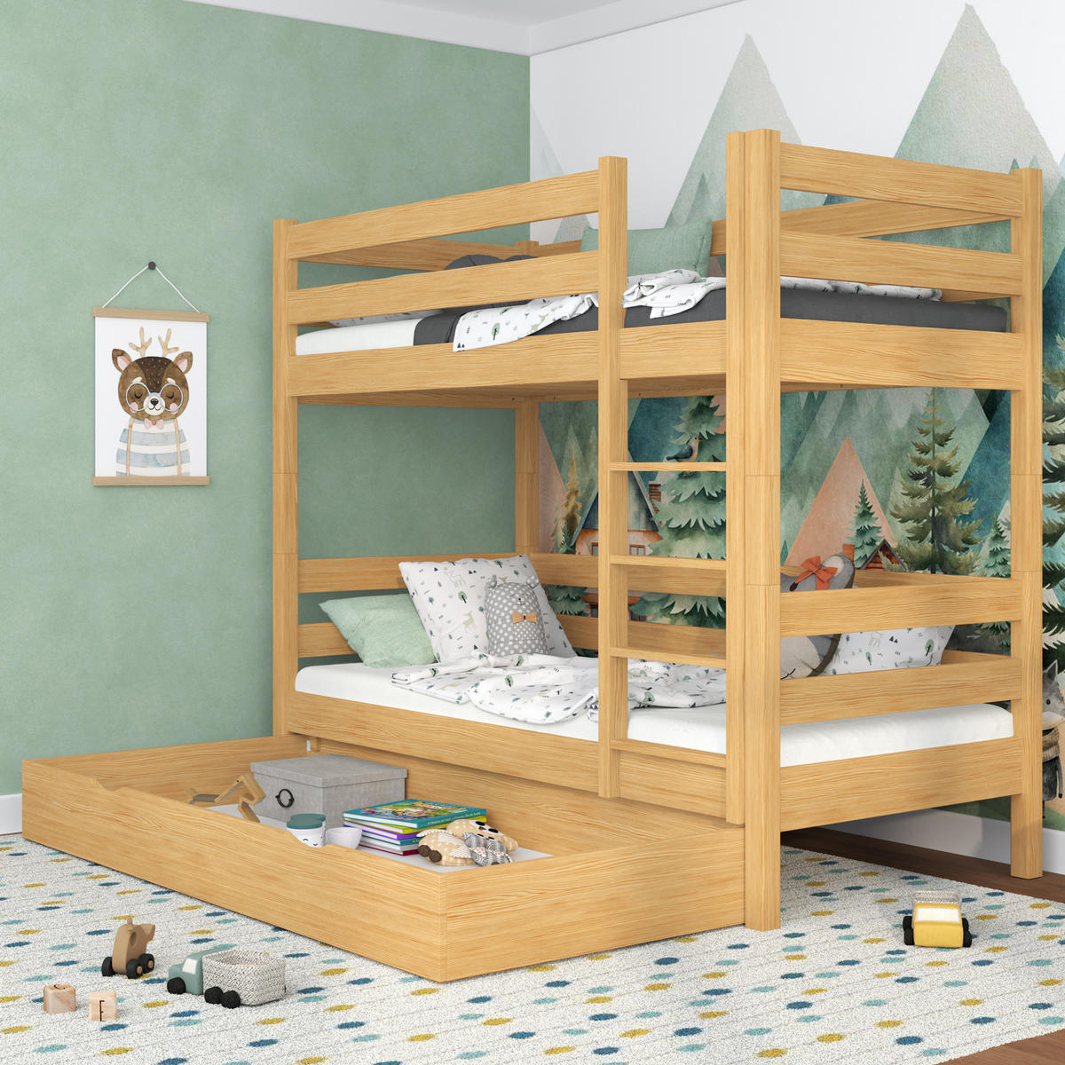 ETAGENBETT N01 mit Schublade Naturkiefer 120/190 - Hellbraun, Naturmaterialien/Holz (120/190cm) - N-Wood