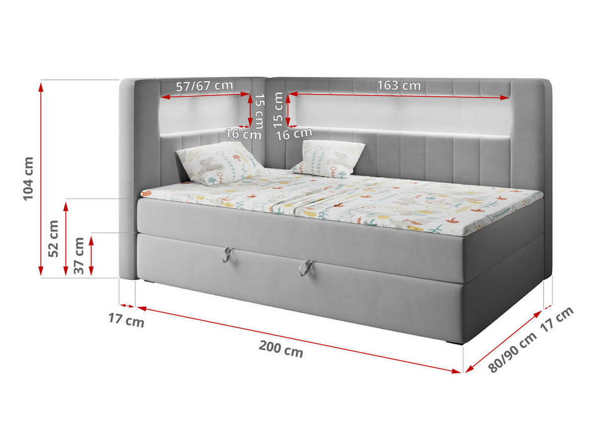 BOXSPRINGBETT JUNIOR GOLD 3 90/200 Grau - linke Seite - Grau, Holz/Textil (90/200cm) - MKS