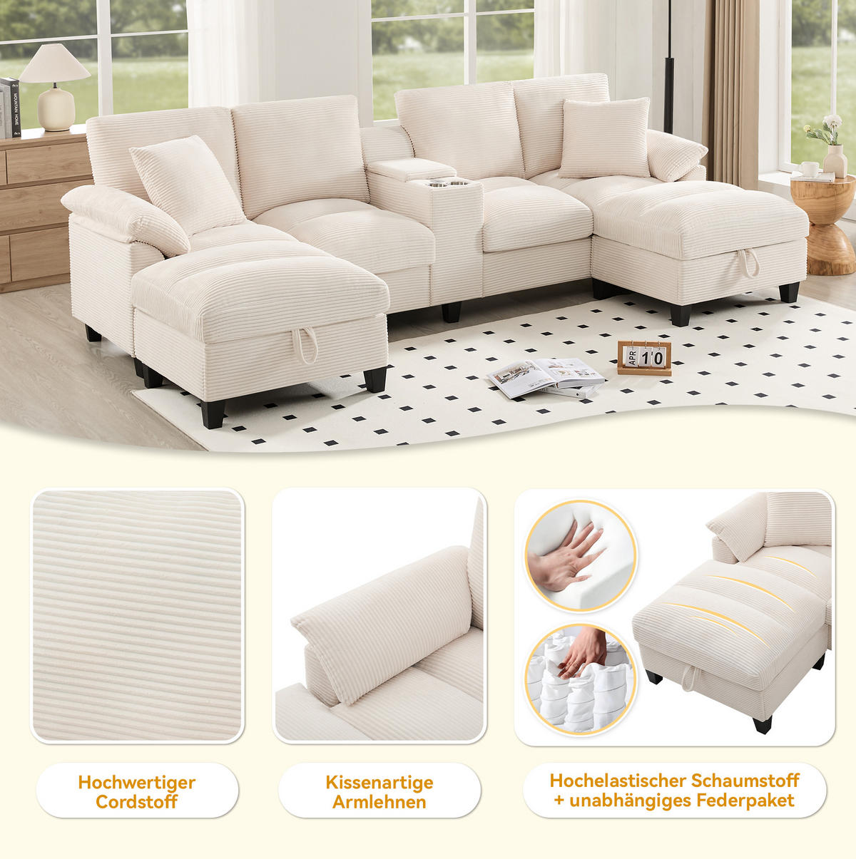WOHNLANDSCHAFT aus Cord 293x142x93 cm in Beige mit Stauraum & USB-Anschlüssen - Beige, Textil (142/93/293cm) - Modfu
