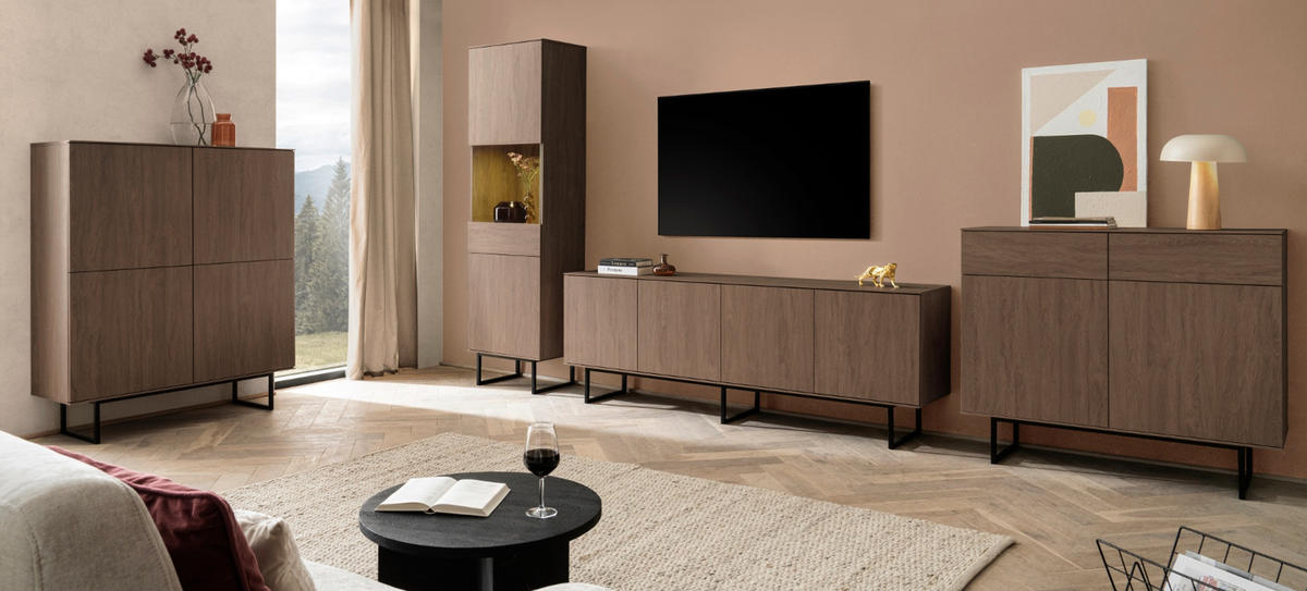 TV-LOWBOARD Nussbaum 200 x 70 cm, TV Unterteil mit Push-to-Open und Komforthöhe - Nussbaumfarben/Schwarz, Holzwerkstoff/Metall (200/70/40cm) - Furn.Design