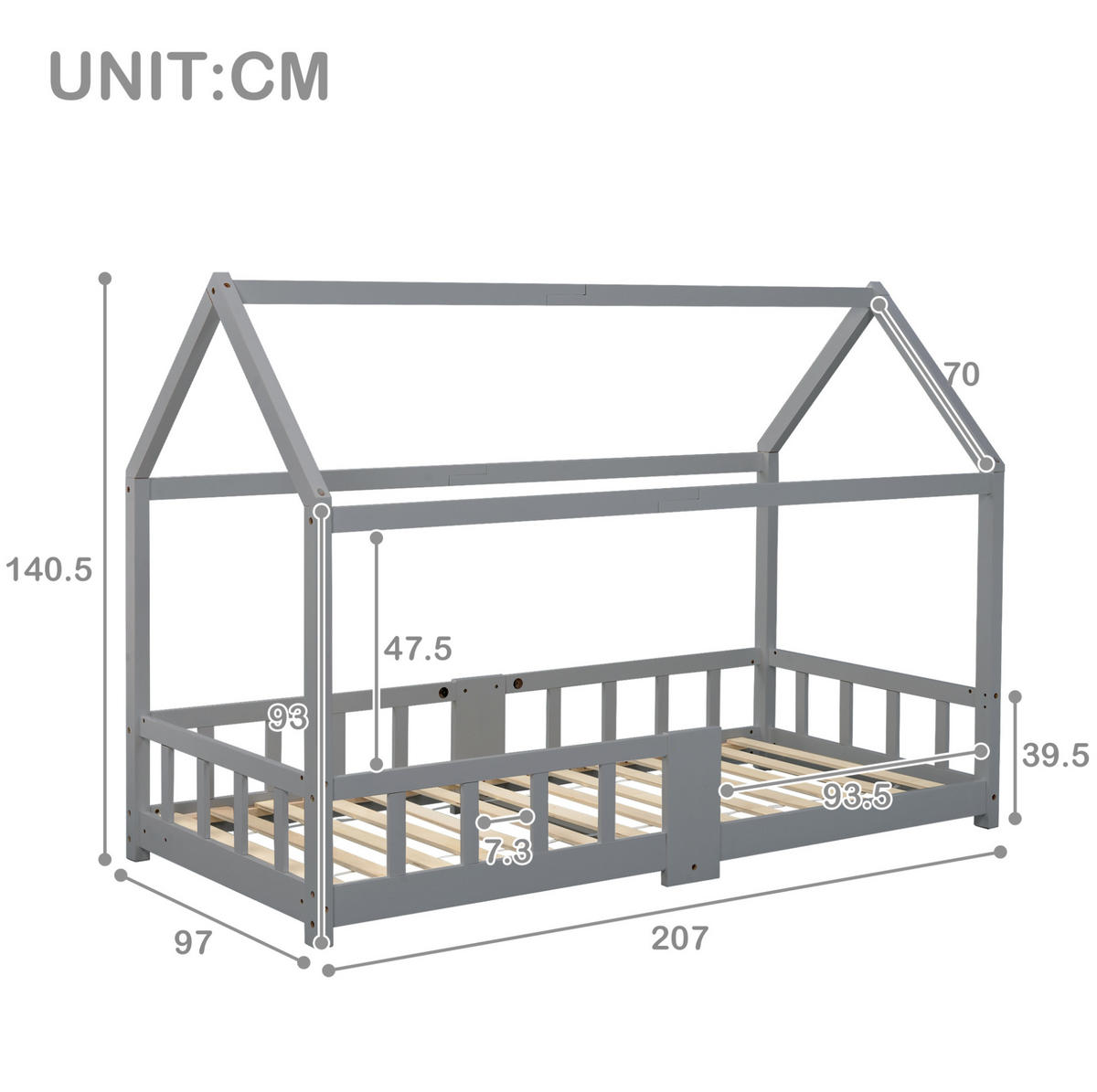HAUSBETT 90/200 cm Grau aus Kiefer Massivholz mit Tafel und Rausfallschutz - Grau, Holzwerkstoff (90/200cm) - OKWISH