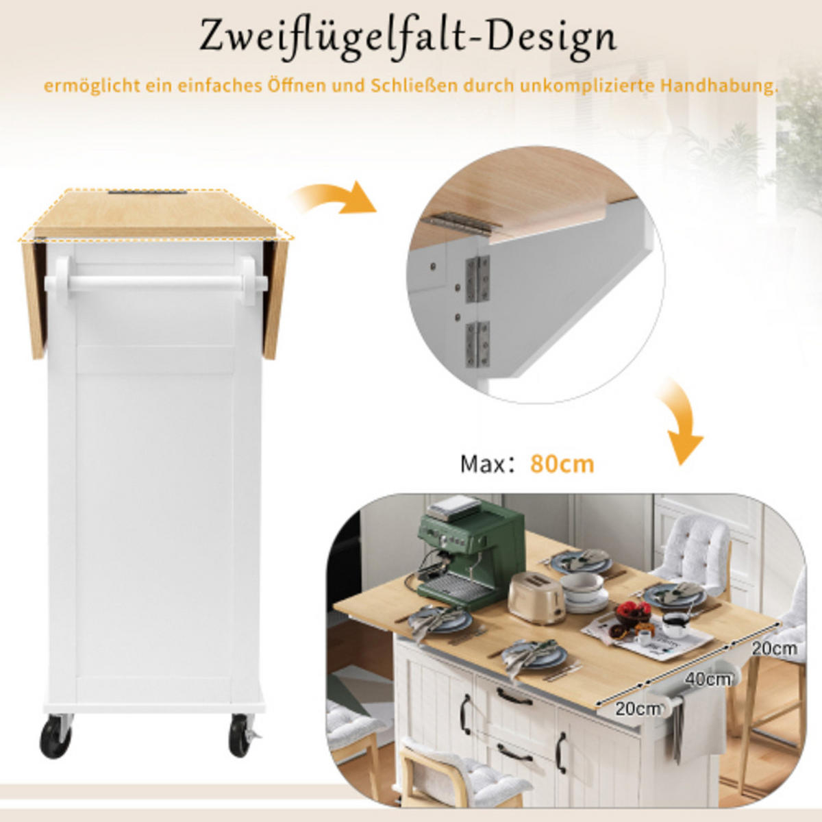 KÜCHENINSEL mit beidseitig klappbarer Arbeitsplatte weiß-natur 120×40-80×92 cm aus MDF - Weiß, Holzwerkstoff (120/92/80cm) - Luhomfu