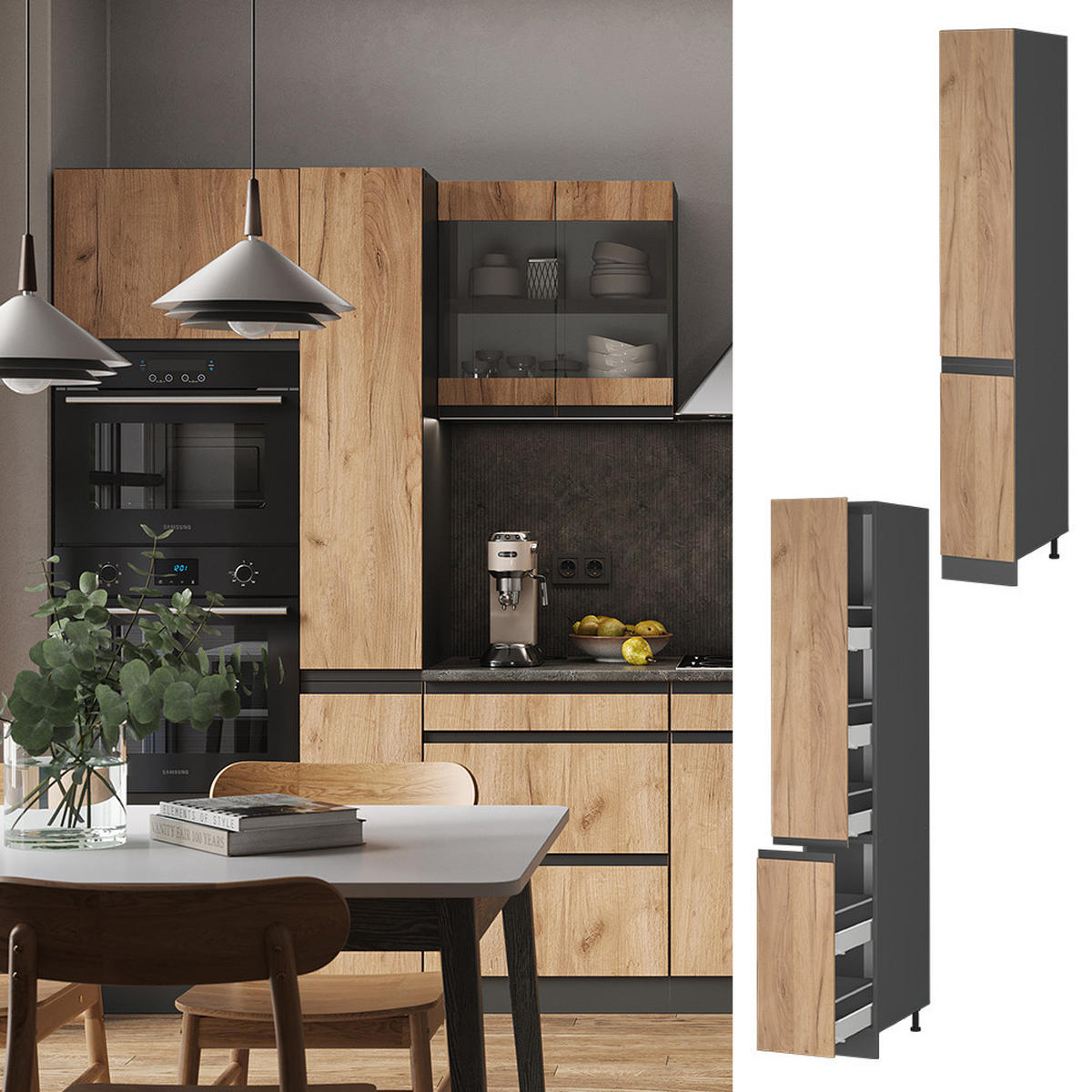 APOTHEKERSCHRANK R-Line Goldkraft Eiche 30 cm J-Shape - Honigeiche/Anthrazit, Holzwerkstoff (30/206.8/57.2cm) - Vicco