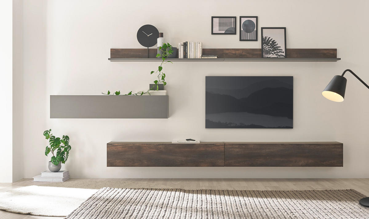 WOHNWAND Thermo Eiche, grau, Wohnkombination 4-teilig 380 cm mit Soft-Close - Eichefarben/Grau, Holzwerkstoff (380/200/30cm) - Furn.Design