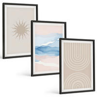 BILDER SET 3er Set - 40x60 cm Schwarzer Rahmen - Sonnenwellen abstrakte Linien Pastell - Schwarz, Kunststoff (40/60cm) - TULUP