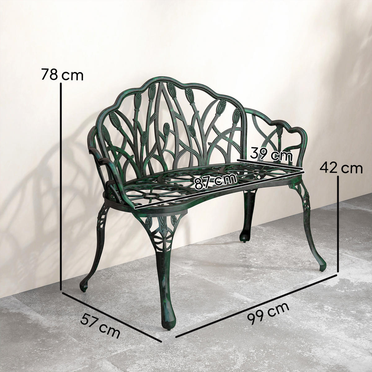 GARTENBANK DE-17786 2-Sitzer mit Tulpenmotiv Antikgrün - Grün, Metall (99/78/57cm) - ComfortXL