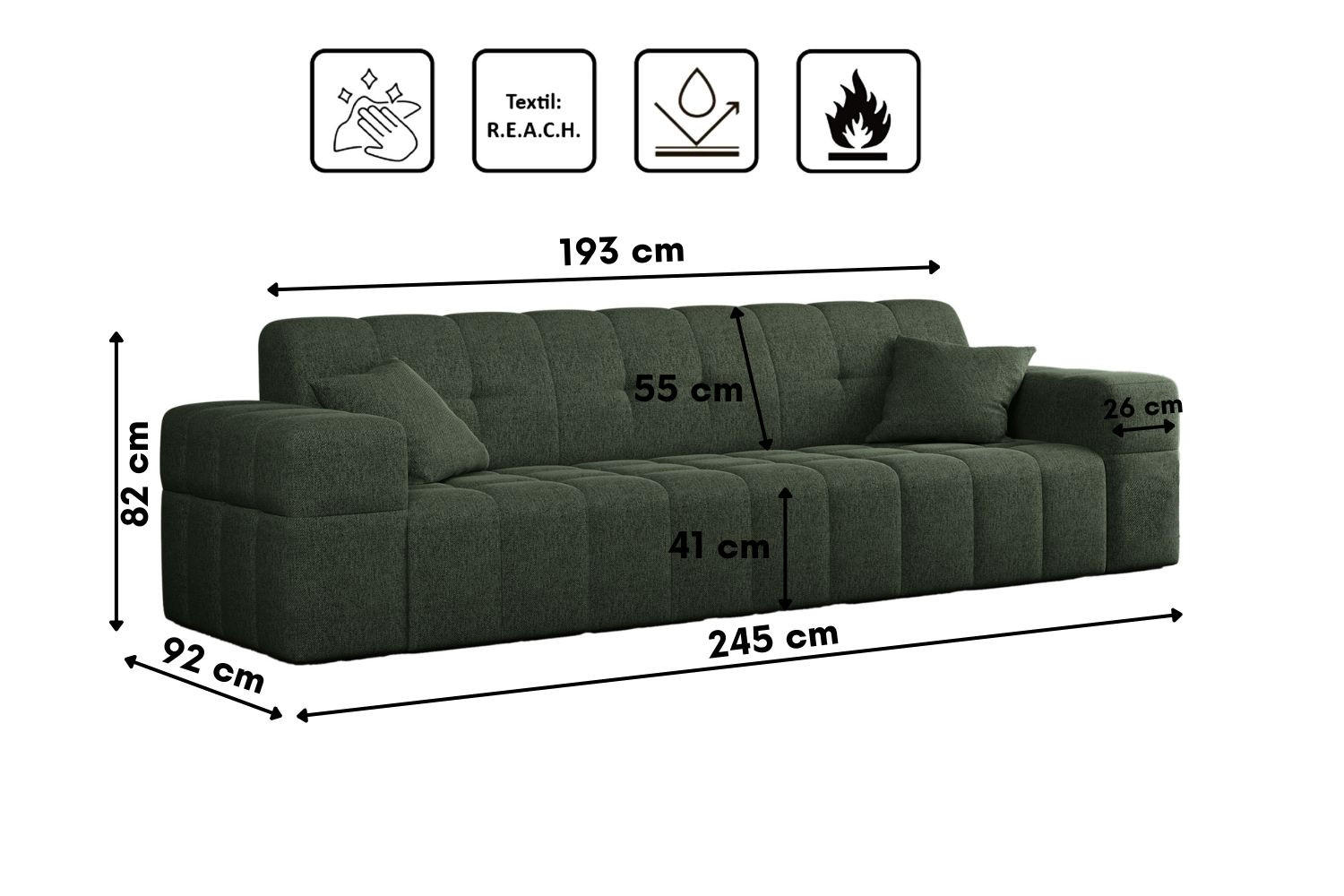 SOFA 3-Sitzer NIMES Stoff Verita Grün - Grün, Holz (245/82/92cm) - Kaiser Möbel