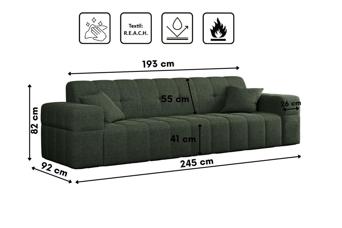 SOFA 3-Sitzer NIMES Stoff Verita Grün - Grün, Holz (245/82/92cm) - Kaiser Möbel
