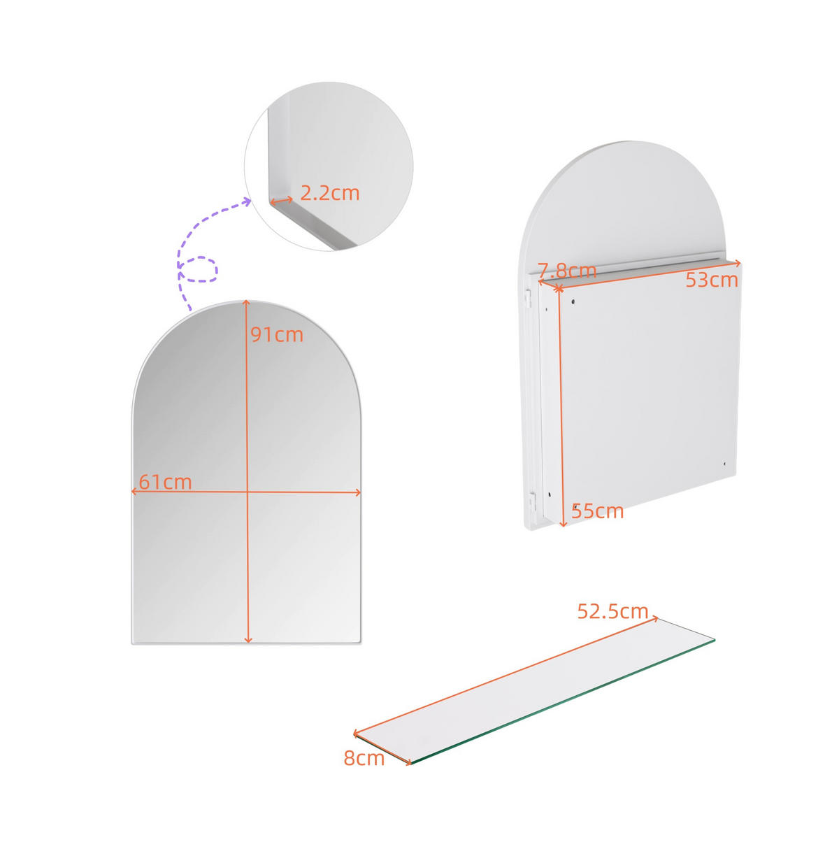 SPIEGELSCHRANK 91x61x12cm in Weiß mit Metallrahmen und gehärtetem Glas - Weiß, Glas (61/91/12cm) - Modfu