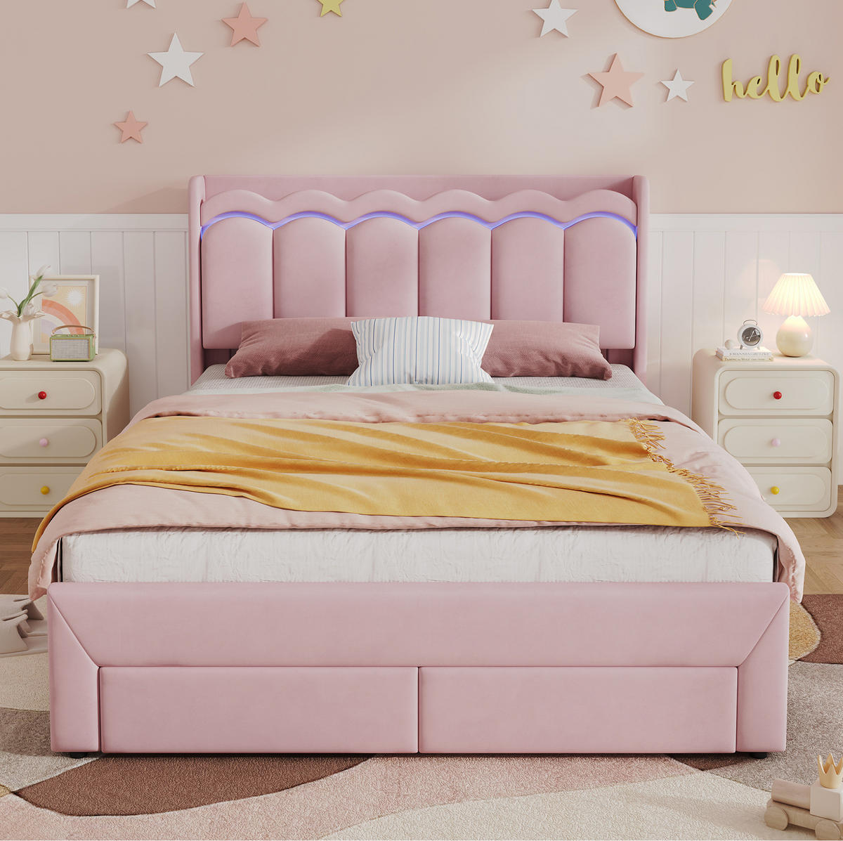 KINDER-POLSTERBETT aus Samt 140x200 cm Rosa mit Schubladen, Ablagefläche und App-LED-Beleuchtung - Pink, Textil (140/200cm) - Modfu