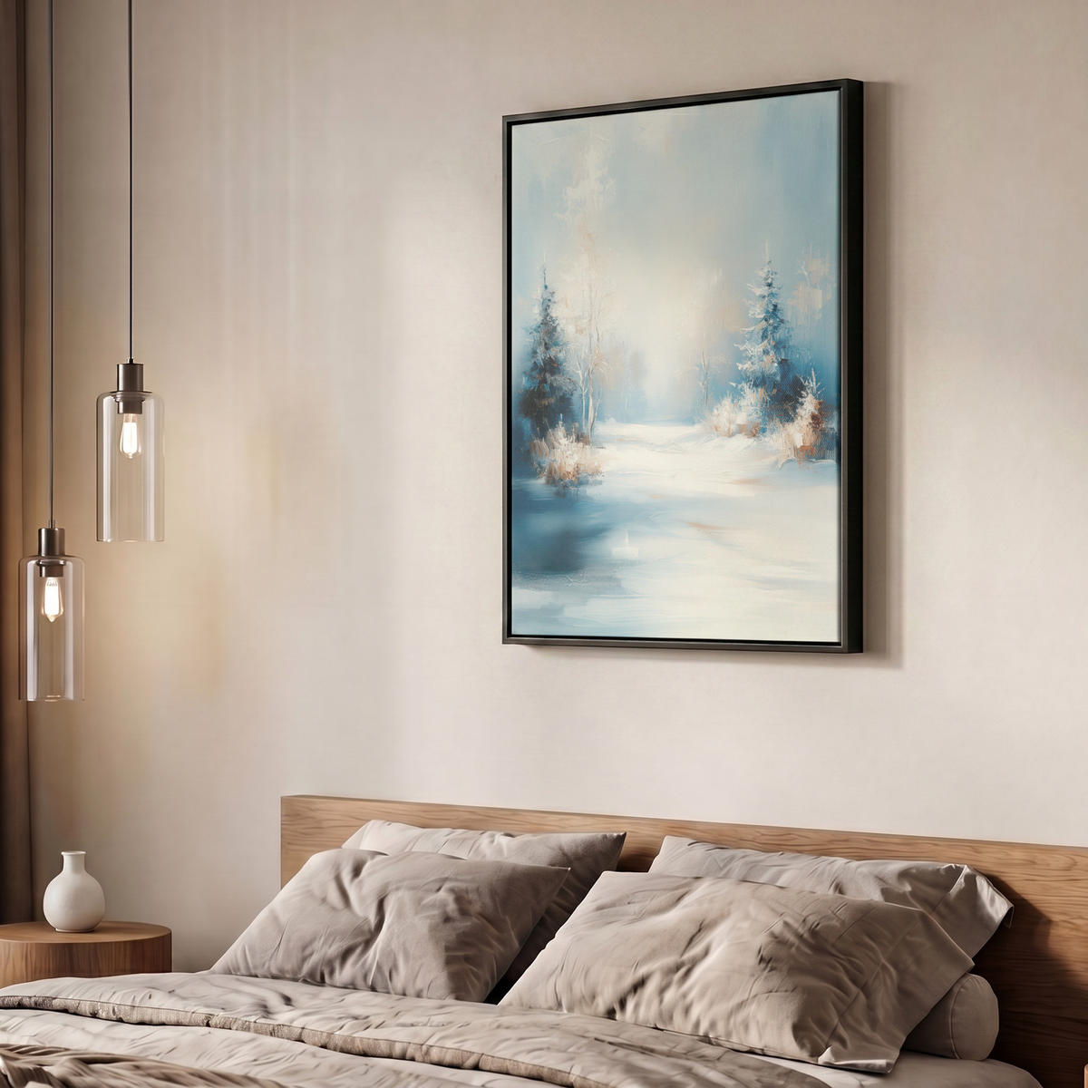LEINWAND Bilder mit Rahmen - Wald – Winter – Natur – Abstrakt – Schnee - 60x80 - Weiß, Textil (60/80cm) - MuchoWow