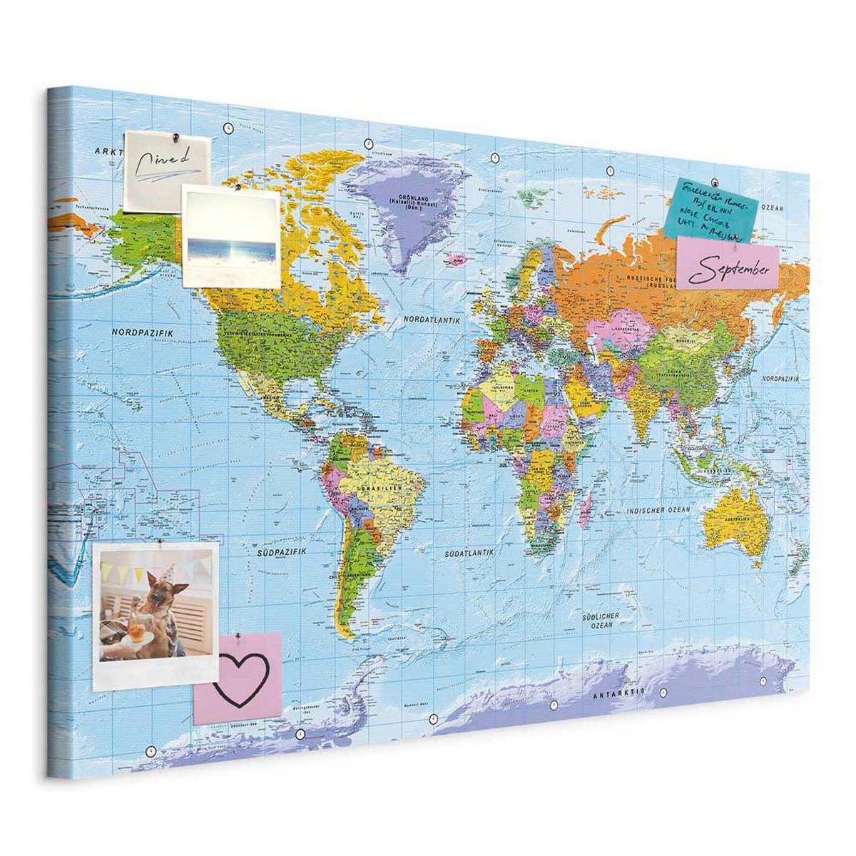 PINNWANDTAFEL Politische Weltkarte Deutsch 120x80 cm - Hellblau, Holz (120/80cm) - artgeist