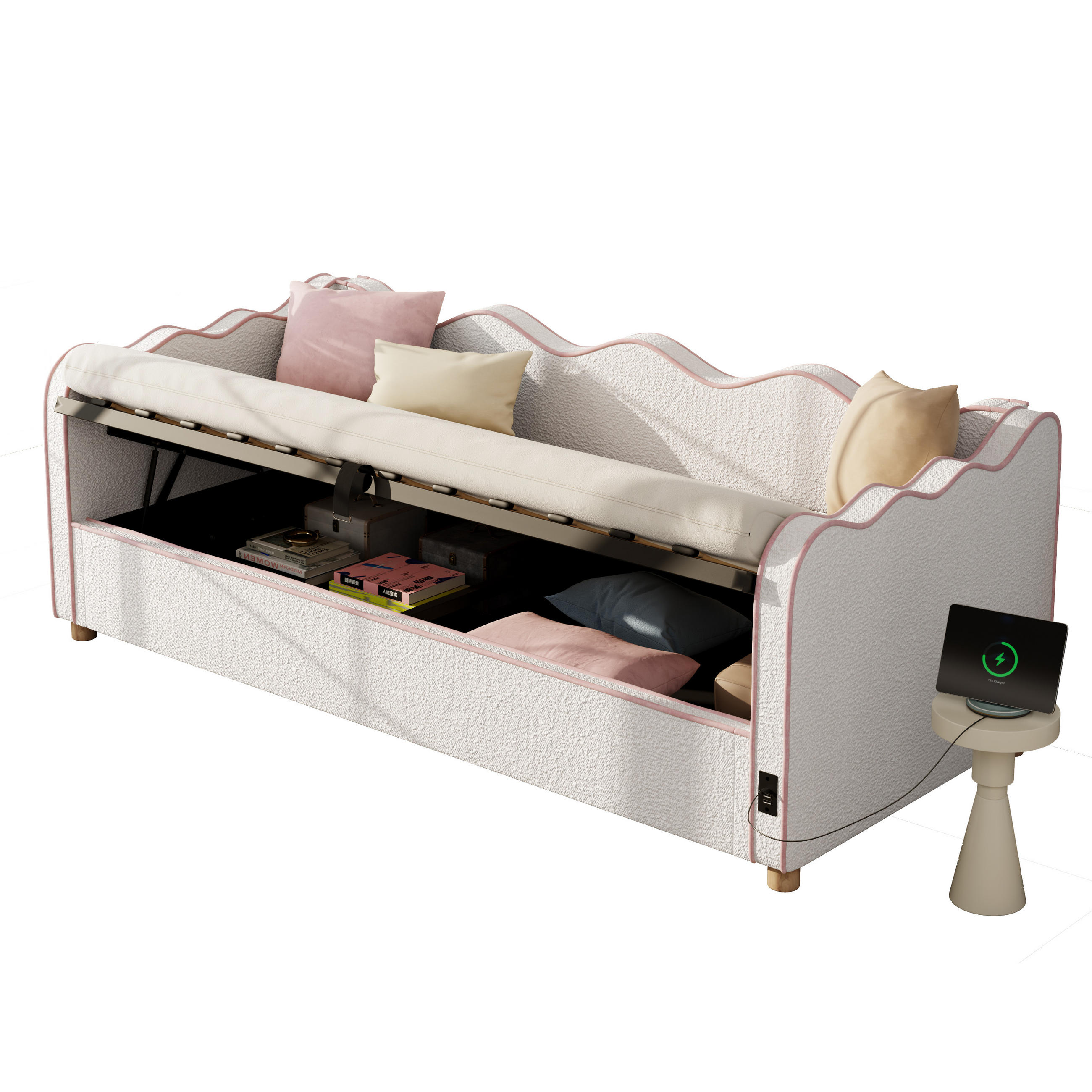 POLSTERBETT 90/200 cm in Beige mit Bettkasten, USB und Type-C Bouclé - Beige, Holzwerkstoff/Textil (90/200cm) - CHICFURN