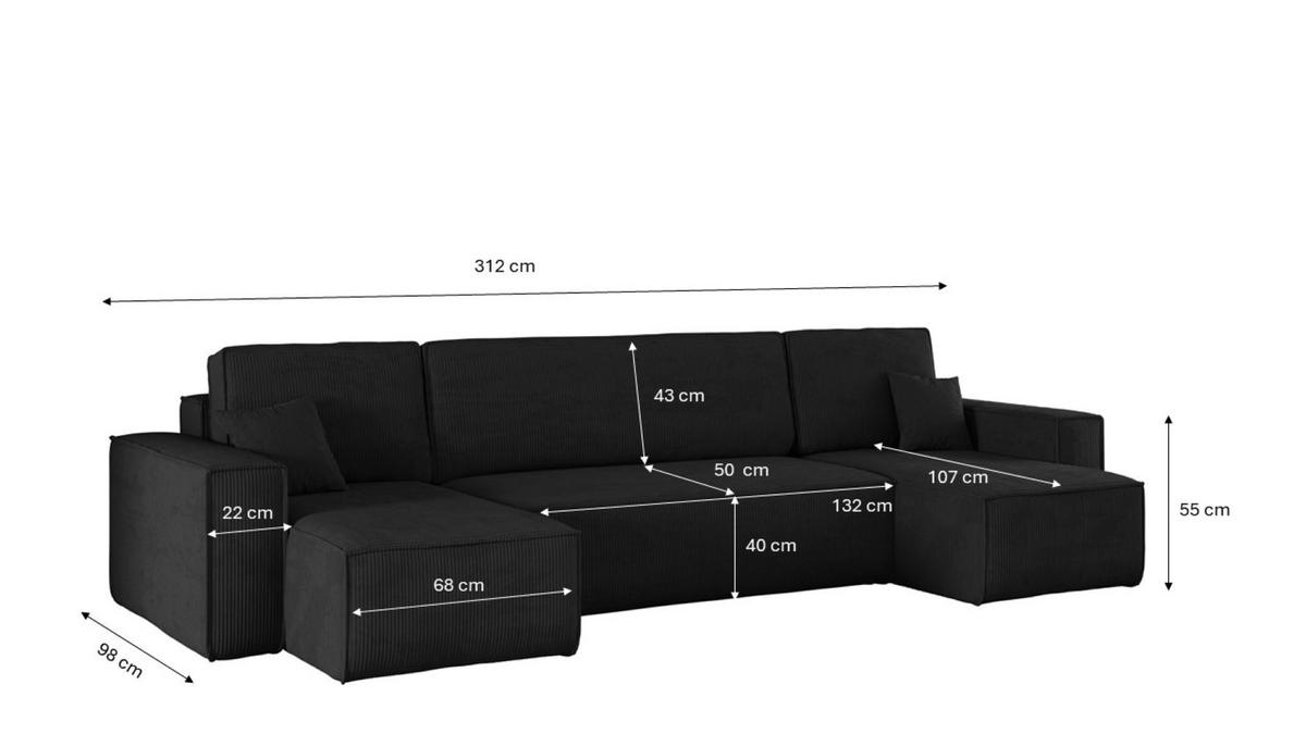 ECKSOFA Mit Schlaffunktion Und Bettkasten BEST Dicker Cord Poso Schwarz - Schwarz, Holz/Textil (312/142cm) - Kaiser Möbel
