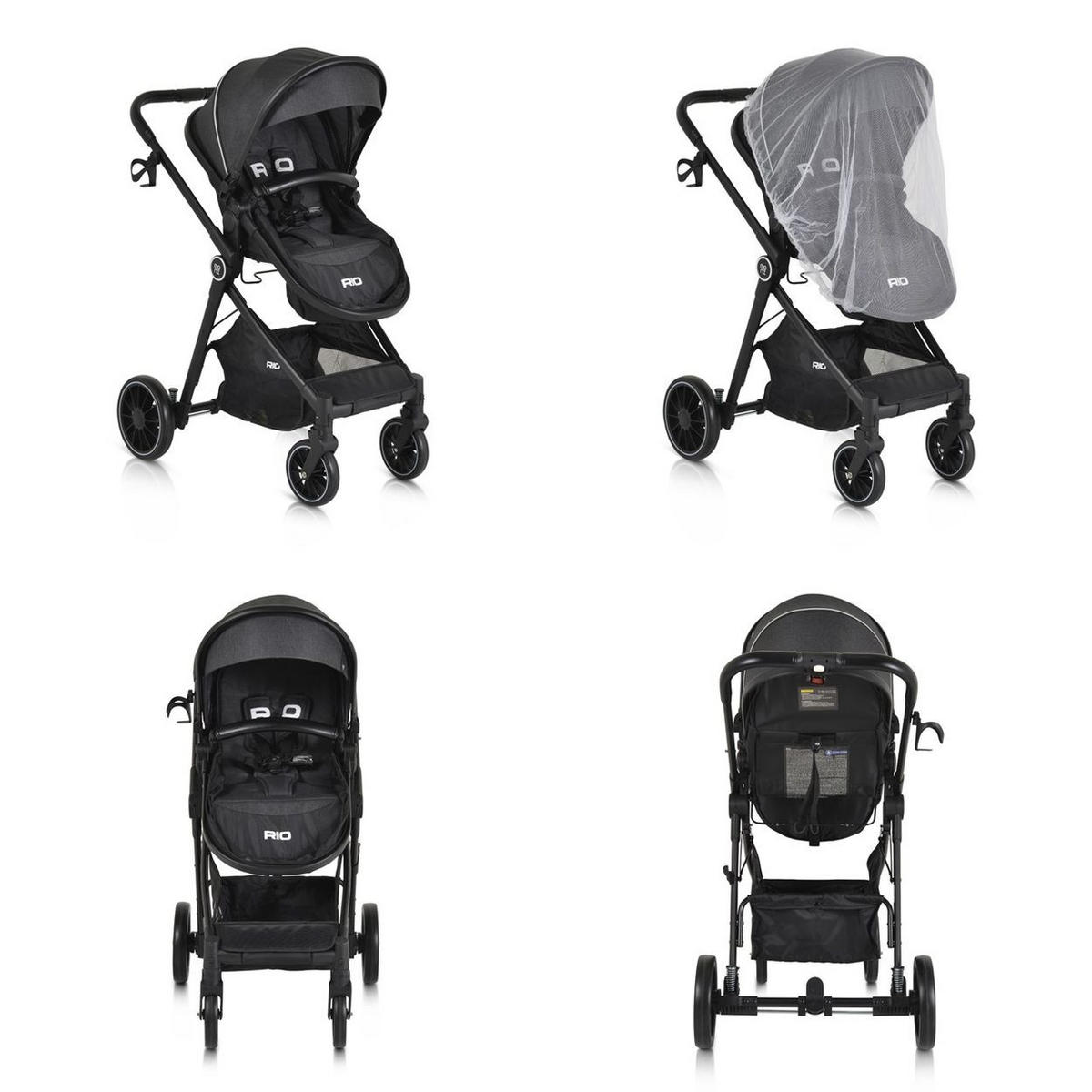 KINDERWAGEN 2 in 1 Rio schwarz umbaubar Fußabdeckung klappbar Korb Gurt - Schwarz, Metall (86/59/108cm) - Moni
