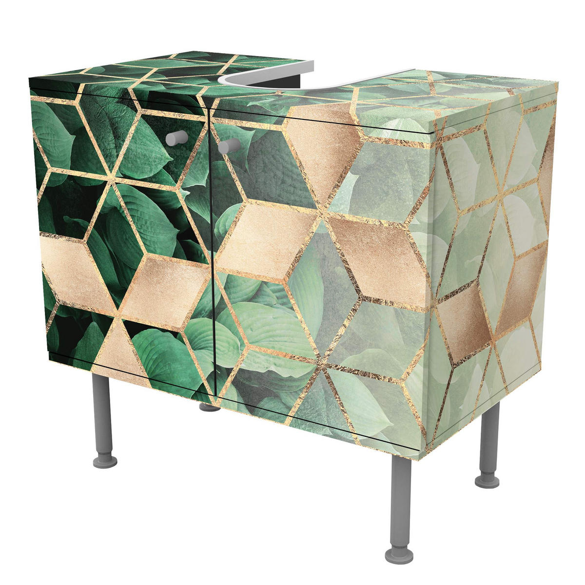 WASCHBECKENUNTERSCHRANK Grüne Blätter goldene Geometrie 60/55/35 cm - Grün, Holzwerkstoff (60/55/35cm) - Bilderwelten