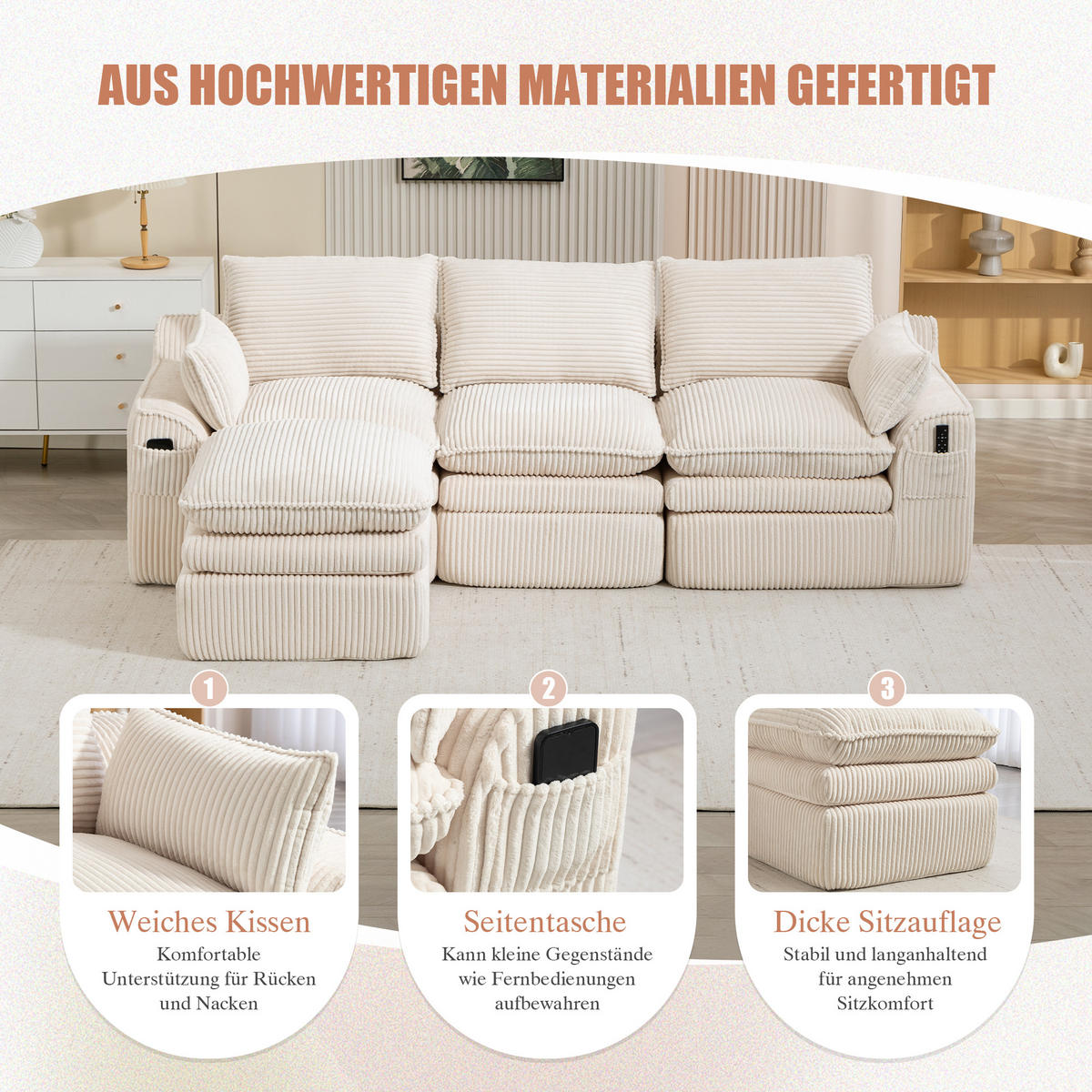 3-SITZER ECKSOFA Cord Beige mit Kissen und Hocker - Beige, Textil (263/167cm) - WISHDOR